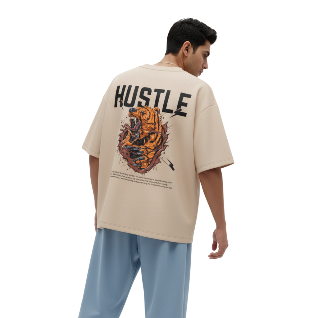 Roaring Bear – Hustle Premium Graphic Print Tee - Beige