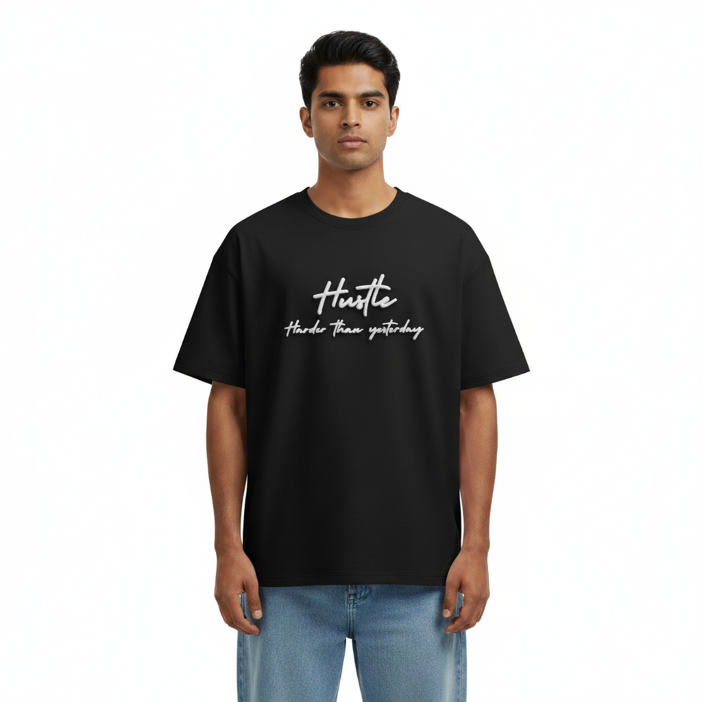 Hustle Harder Than Yesterday (Chest Puff Print) - Black