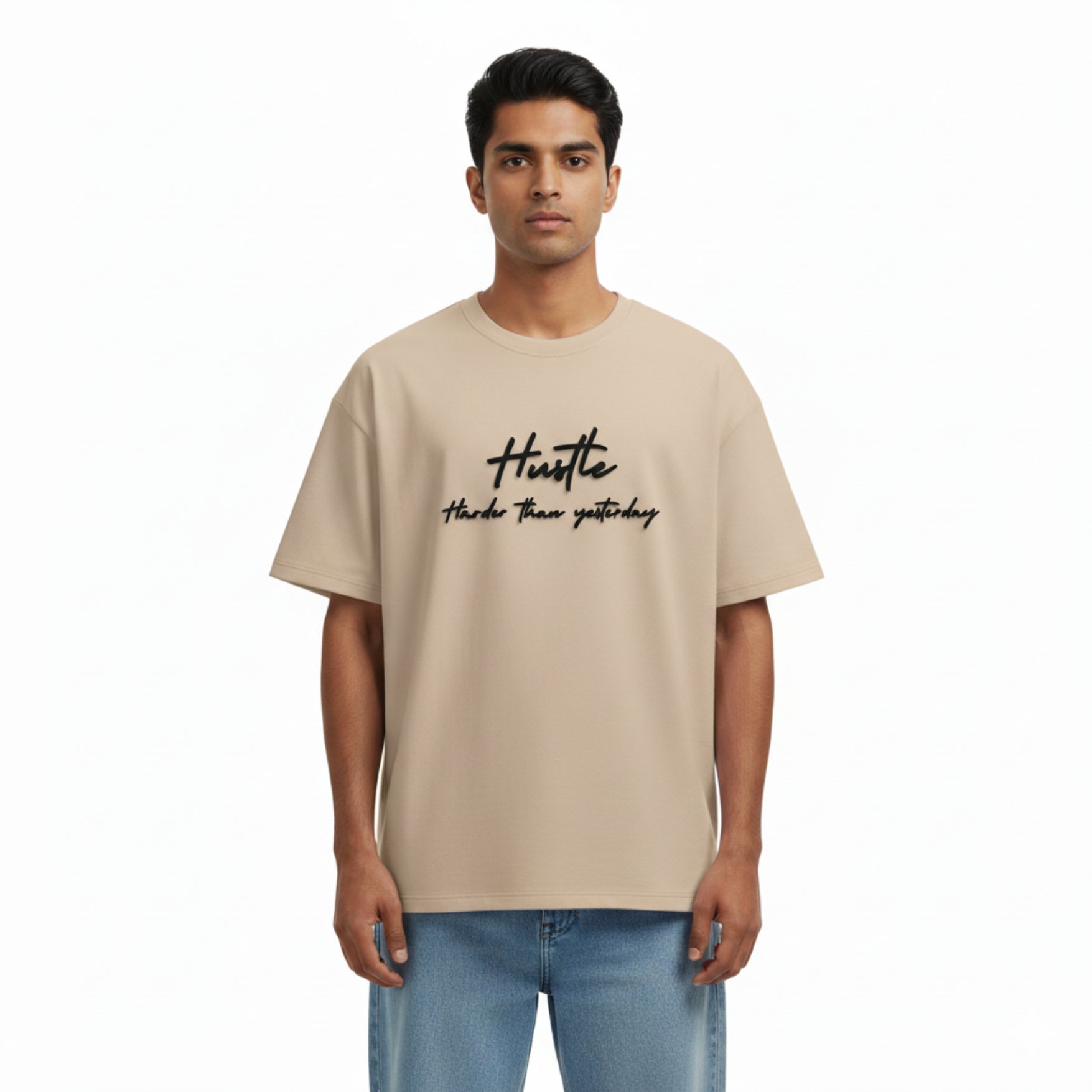 Hustle Harder Than Yesterday (Chest Puff Print) - Beige