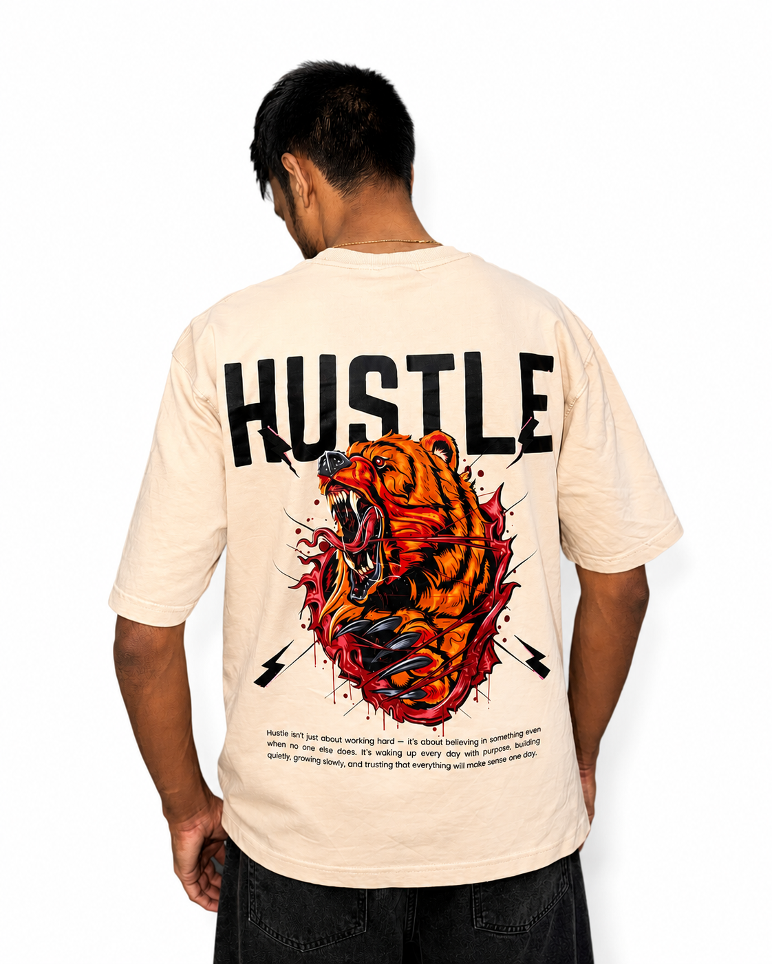 Roaring Bear – Hustle Premium Graphic Print Tee - Beige