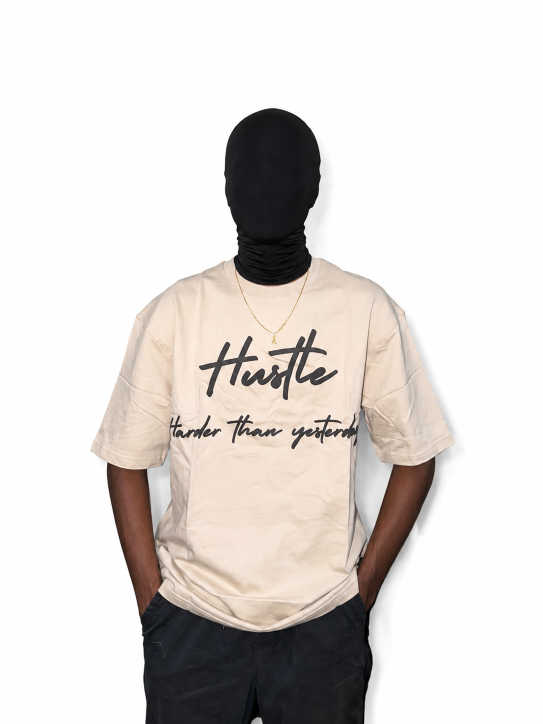 Hustle Harder Than Yesterday (Chest Puff Print) - Beige